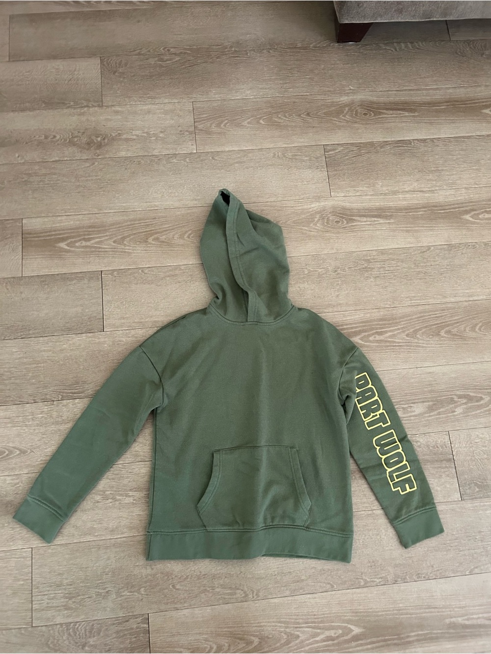 Olive Green Pullover Hoodie with Yellow Sleeve Print